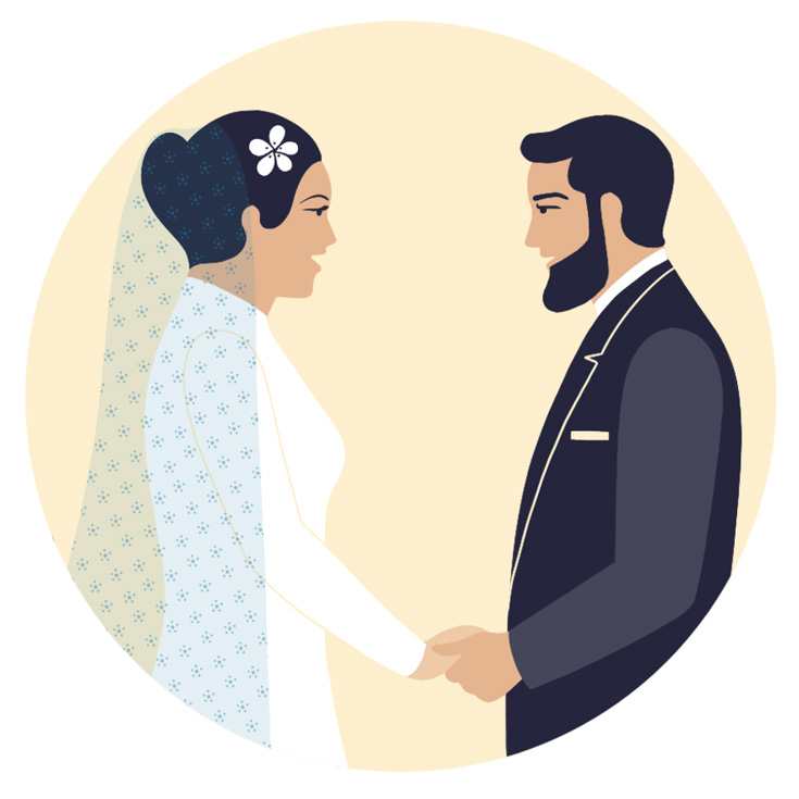 Cartoon of a couple getting married. They are holding hands and saying their vows.