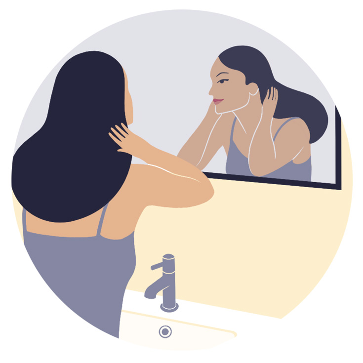 Cartoon of woman looking into a mirror. 