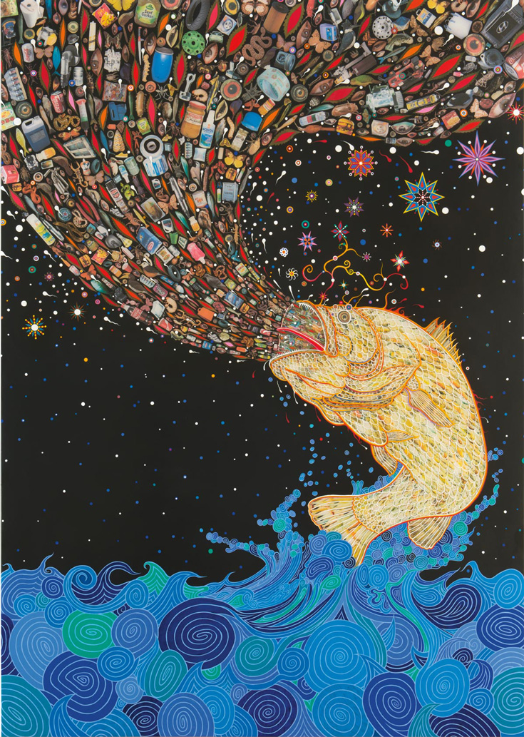 A painting of a fish that is. spewing various household objects out of its mouth.