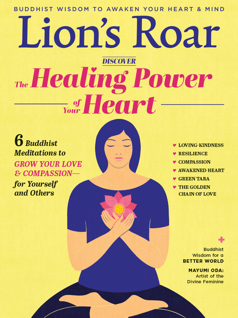 Lion's roar cover art. illustration of woman meditating in lotus pose holding lotus flower