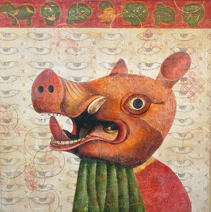 A drawing of a person with a pig head on it. The background is a wall of eyes.