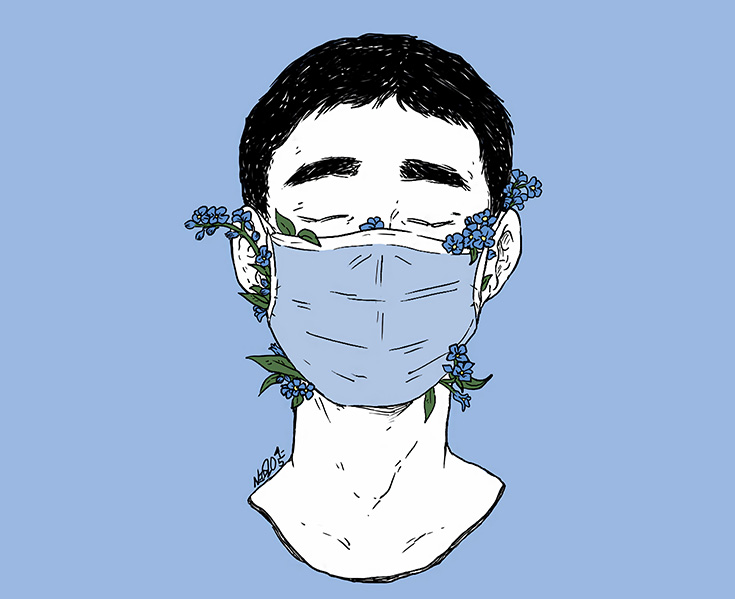 An illustration of a person with short hair wearing a blue surgical mask with flowers coming out of the mask.