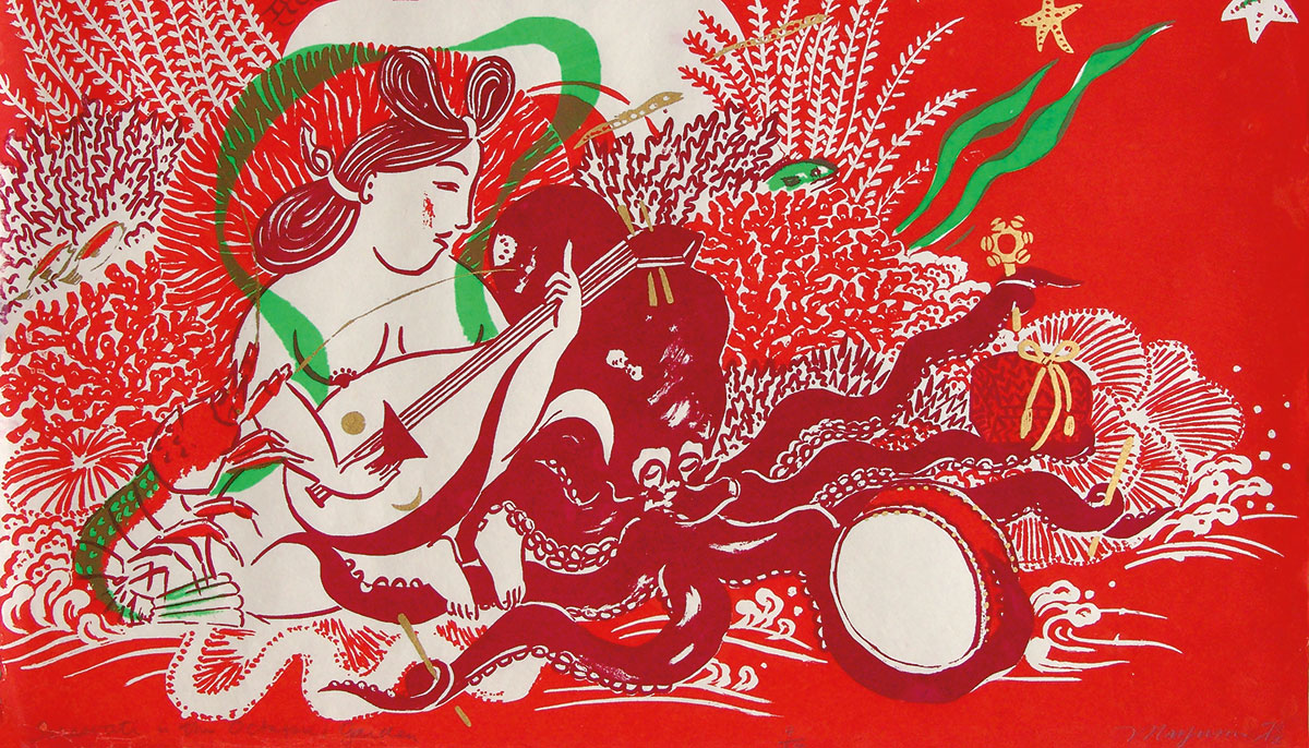 Silkscreen painting of Sarasvati playing music on string instrument, surrounded by sea creatures including lobster, octopus, and fish