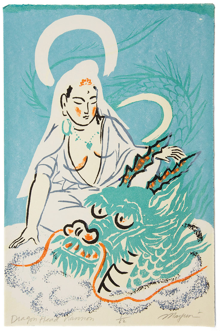 Silkscreen painting of woman petting dragon head on her lap