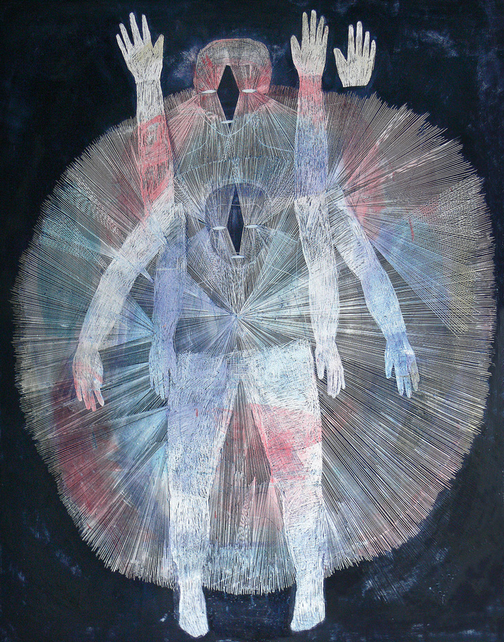 An abstract painting of two people overlayed.