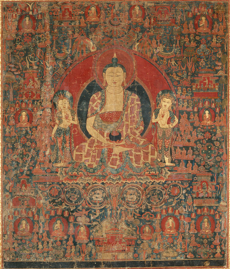 illustration of Buddha surrounded by many other enlightened beings