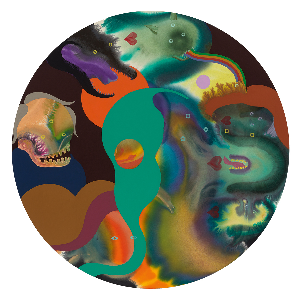 A painting of a bunch of colourful swirls, some with eyes that make it look like they are monsters.