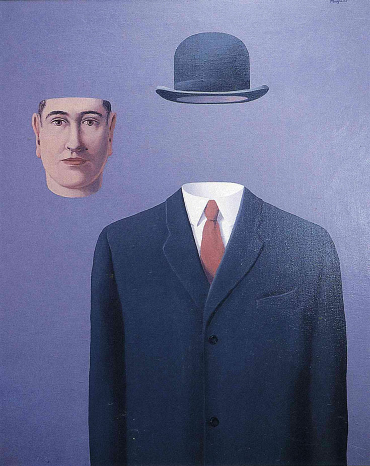 An artist painting of a mans suit and hat. His head is seperate.