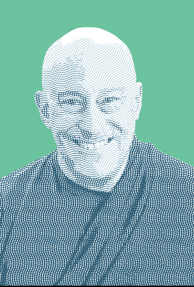 A photo of a bald man smiling with a pop art filter. The background is green.