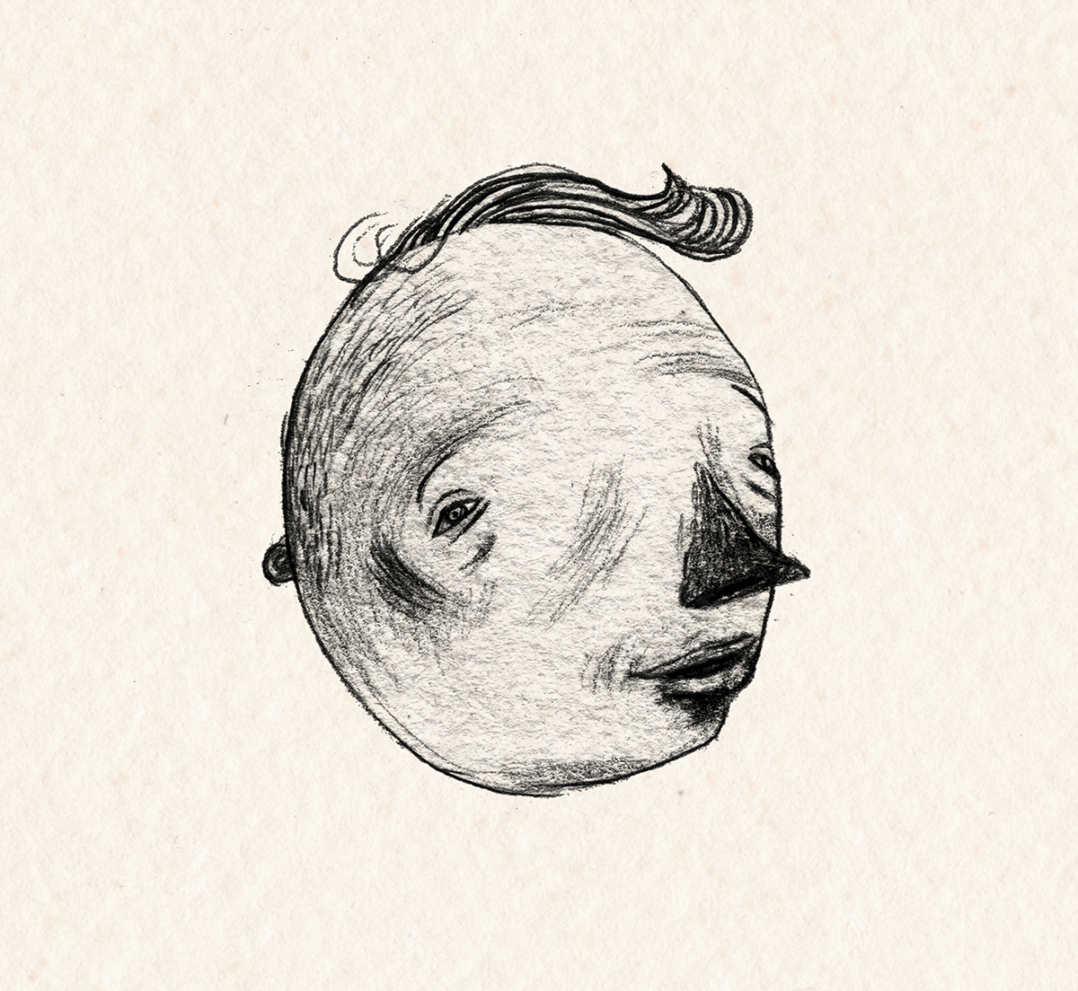 A drawing of a morphed face. The eyes are on opposite sides of their head with a triangle nose.