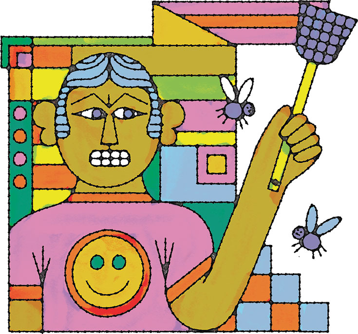 A cartoon drawing of an angry person swatting flies.