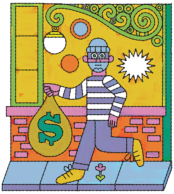 A cartoon drawing of a bank robber with a bag of money.