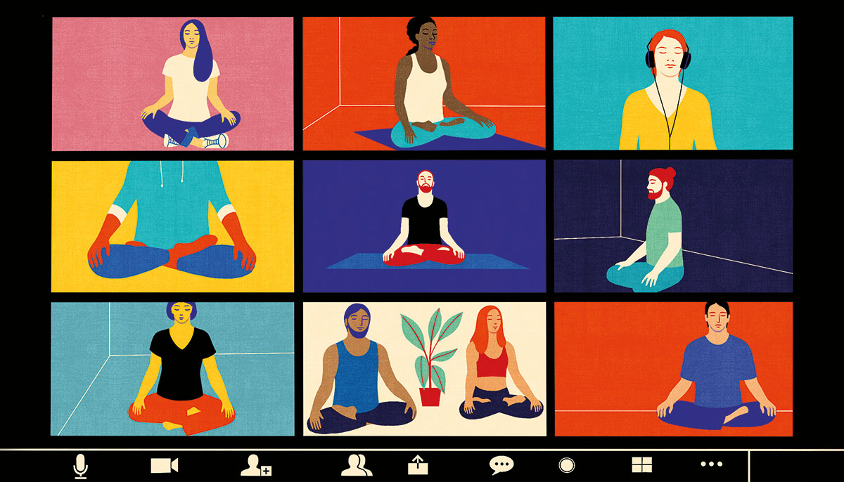 A cartoon of nine different zoom squares of people meditating.