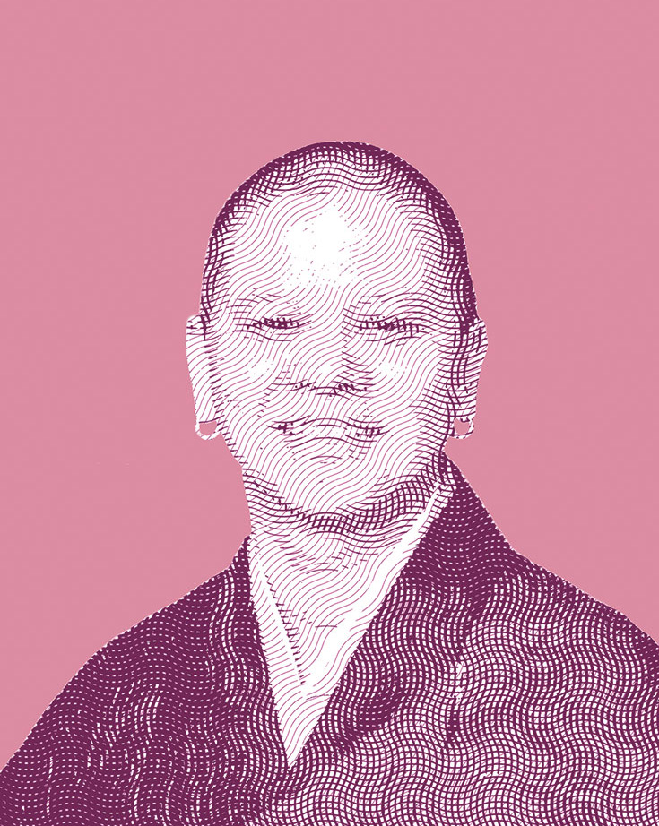 A photo of a bald man wearing earrings and a robe in a pop art filter.