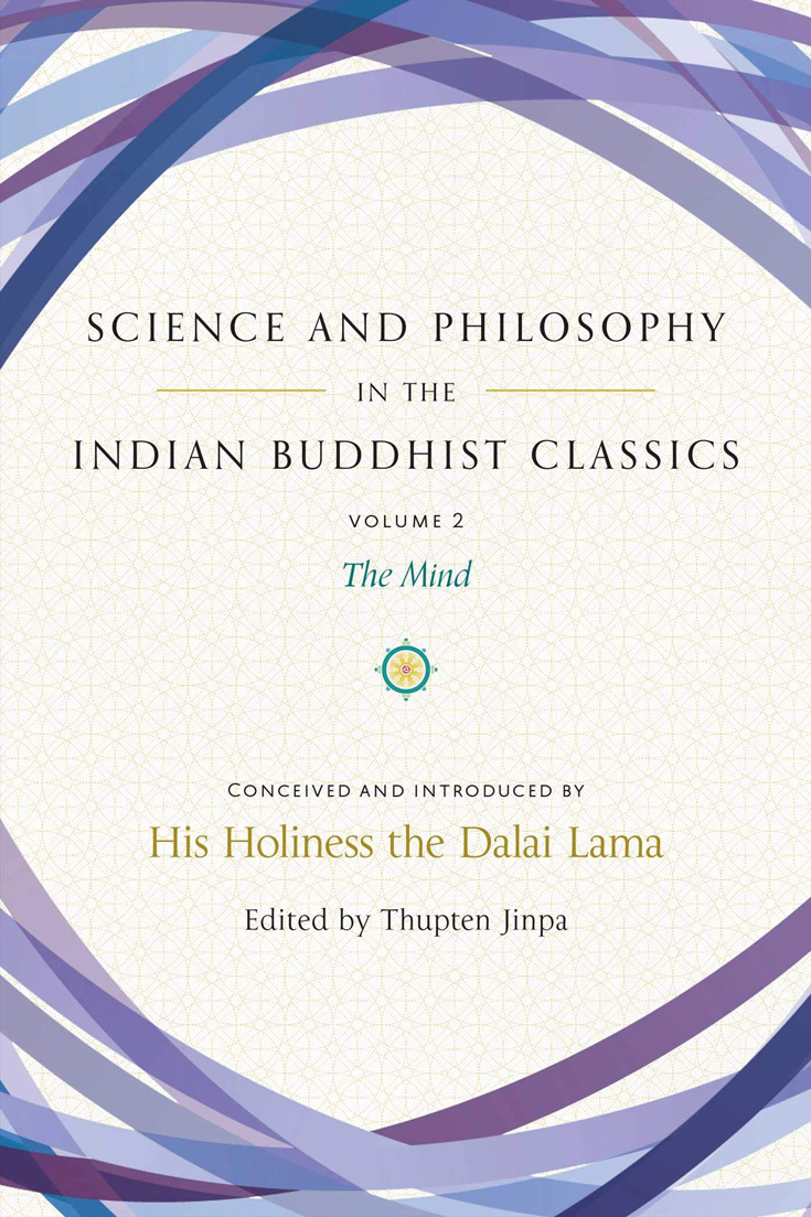 Book cover of "Science and Philosophy in the Indian Buddhist Classics." There are blue and purple swirls above and below the cover text.