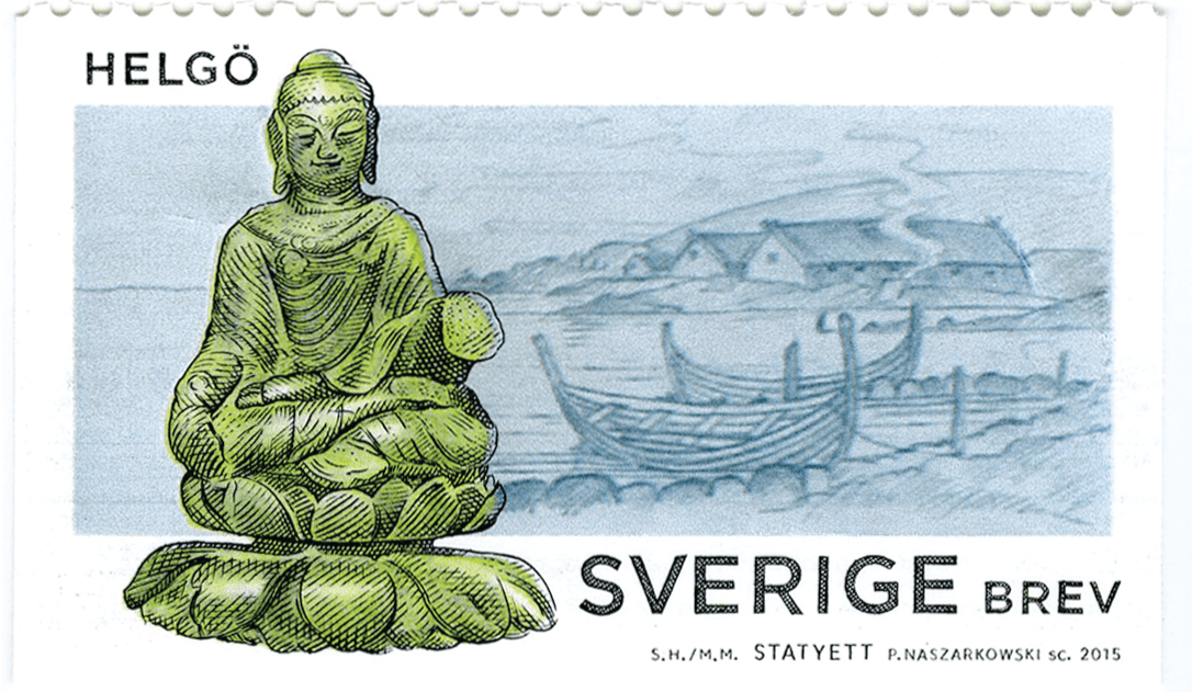 Buddha viking stamp Buddhist relic statue statuette Helgo archaeology history Sweden Scandinavia post stamp postage viking