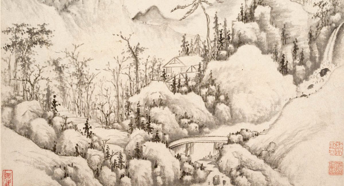 Traditional painting of a cabin in the mountains.