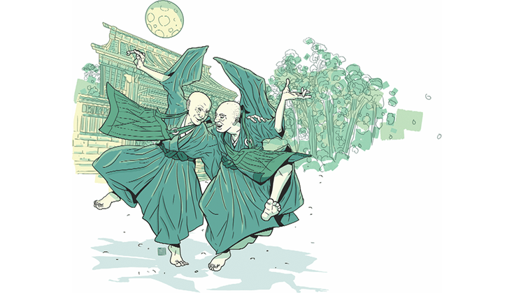 Illustration of dancing monks.