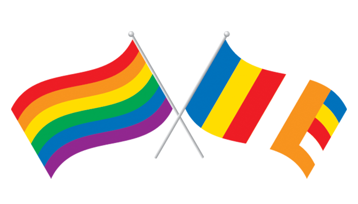 A rainbow flag and buddhist flag crossed.