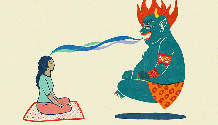 Illustration of a meditator feeding a mara demon.