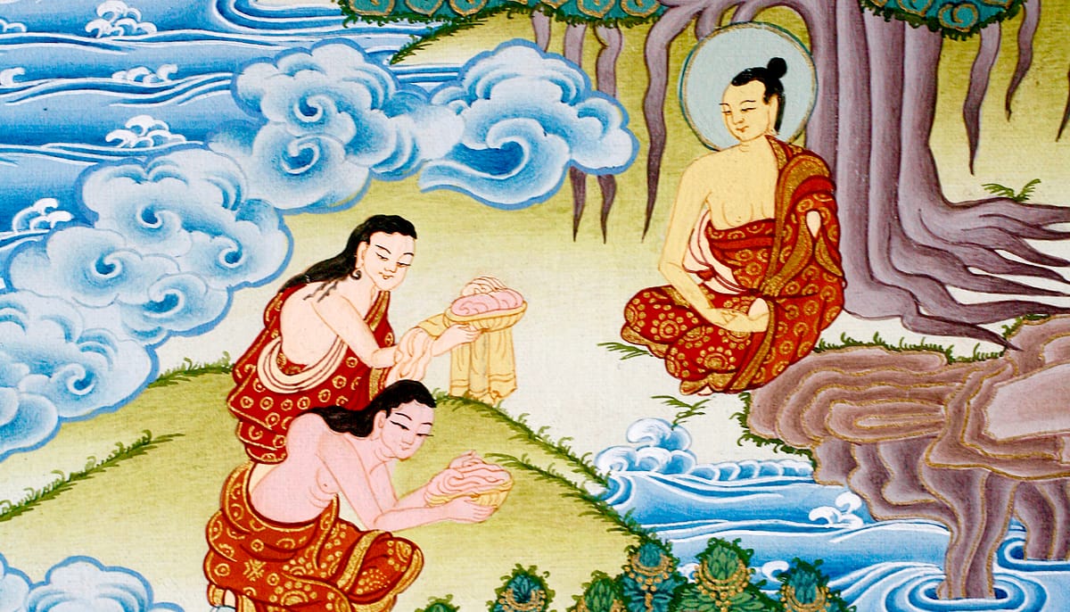 Painting of Sujata offering rice to the Buddha.