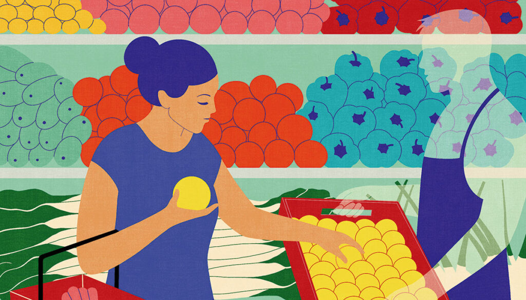 Illustration of a woman picking fruit in the grocery store.