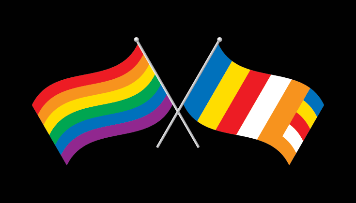 Buddhist flad and pride flag.