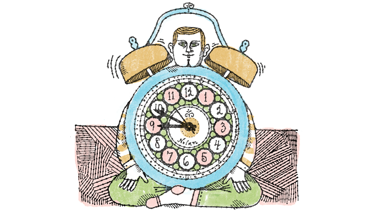 Nolan Pelletier illustration of man meditating with clock.