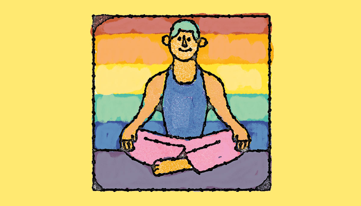 Illustration of a aeditator in front of a pride flag