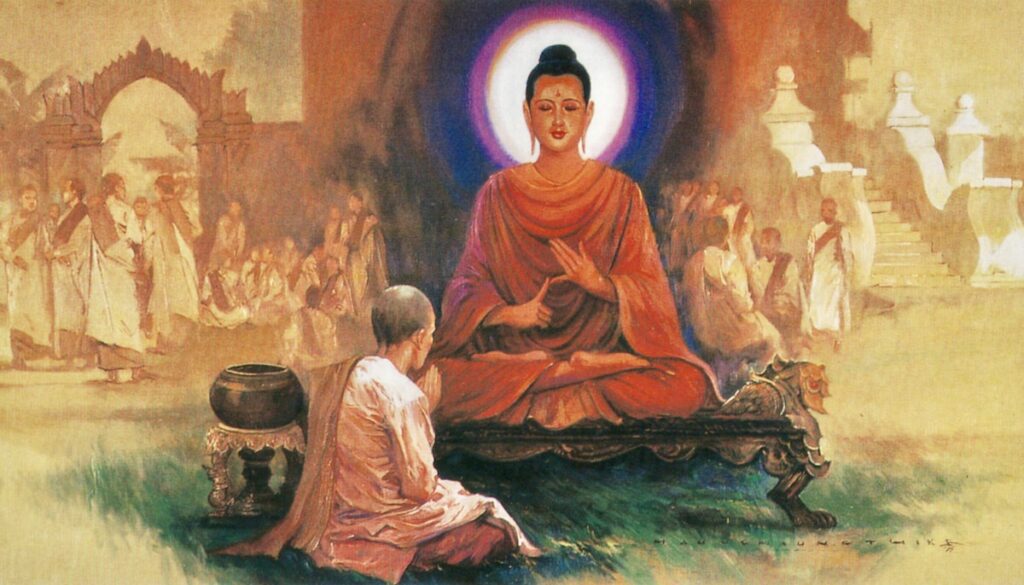 A woman with a shaved head bows before the Buddha.