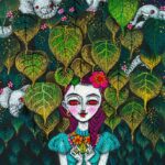 A woman standing under a bodhi leaves, in the tree there are few white elephants poking out of the leaves.