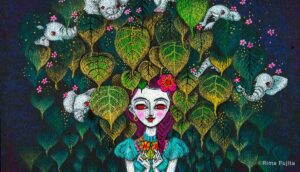 A woman standing under a bodhi leaves, in the tree there are few white elephants poking out of the leaves.