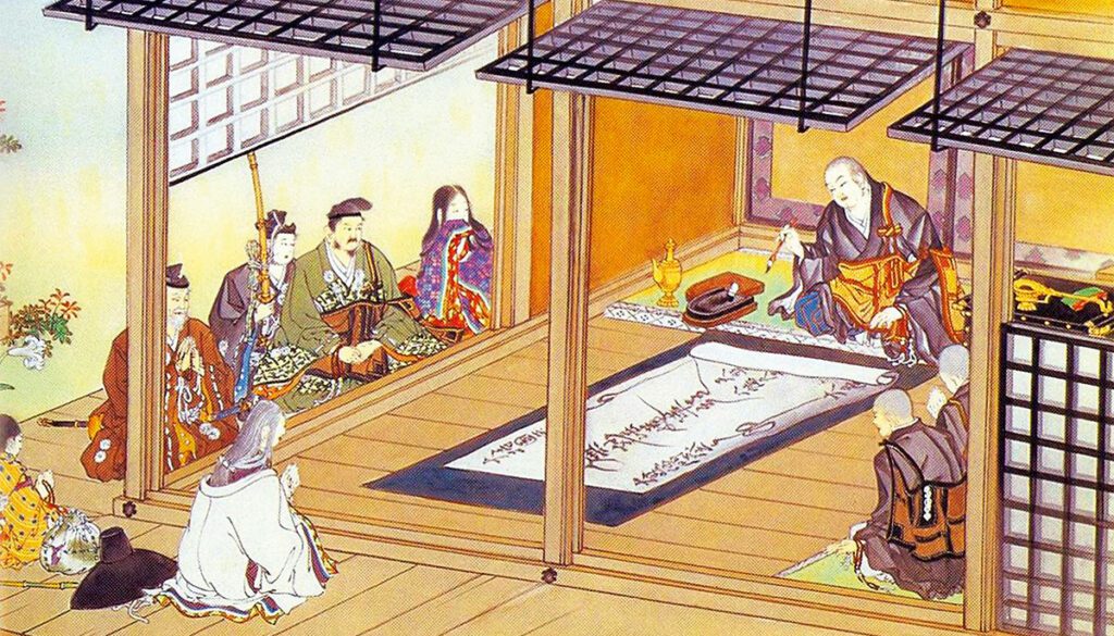 traditional illustration of nichiren writing the lotus sutra