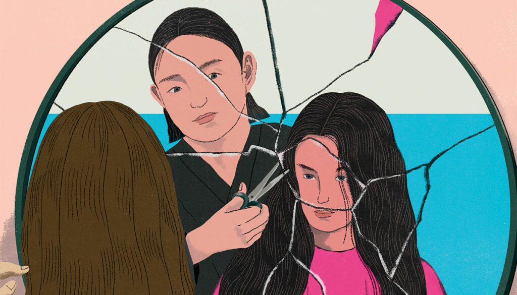 Illustration of woman getting haircut, looking in a broken mirror.