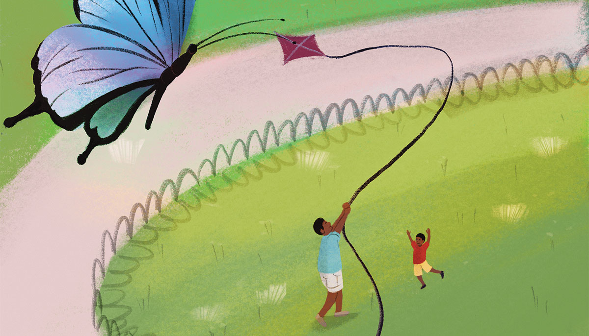 Watercolor illustrations of a parent and child playing with a kite while a butterfly flies above