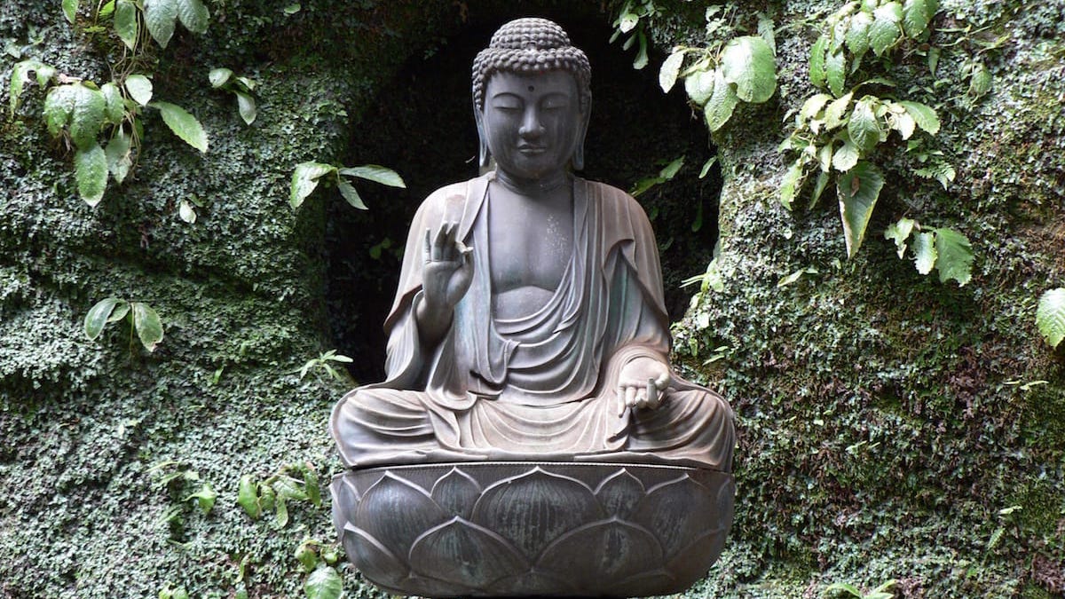 Buddha statue in front of moss