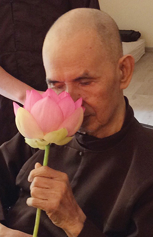 thich nhat hanh holds a lotus flower