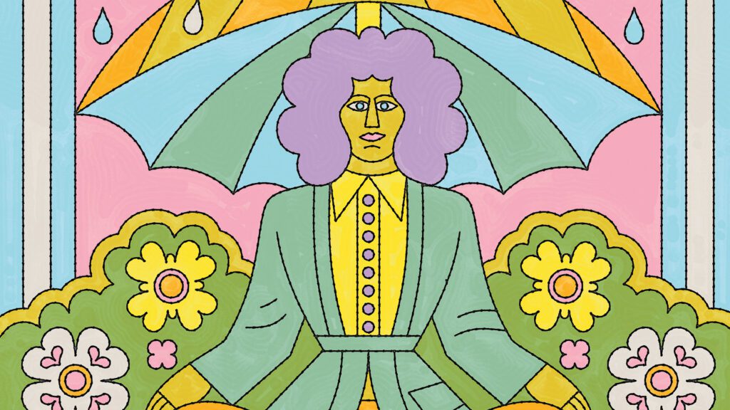 A woman meditating in RAIN under an umbrella.