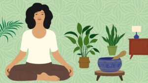 Illustration of woman meditation beside potted plants