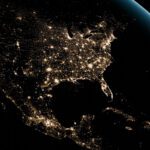 North America with City Lights at Night. 3D Render.