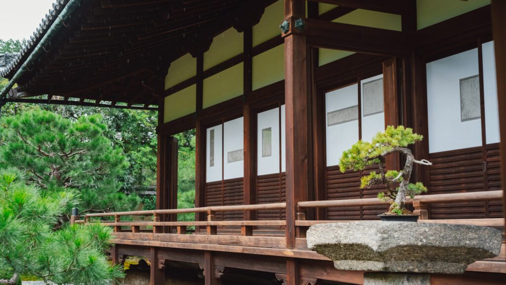 View of open veranda at Ryosokuin Temple, Kyoto Japan.