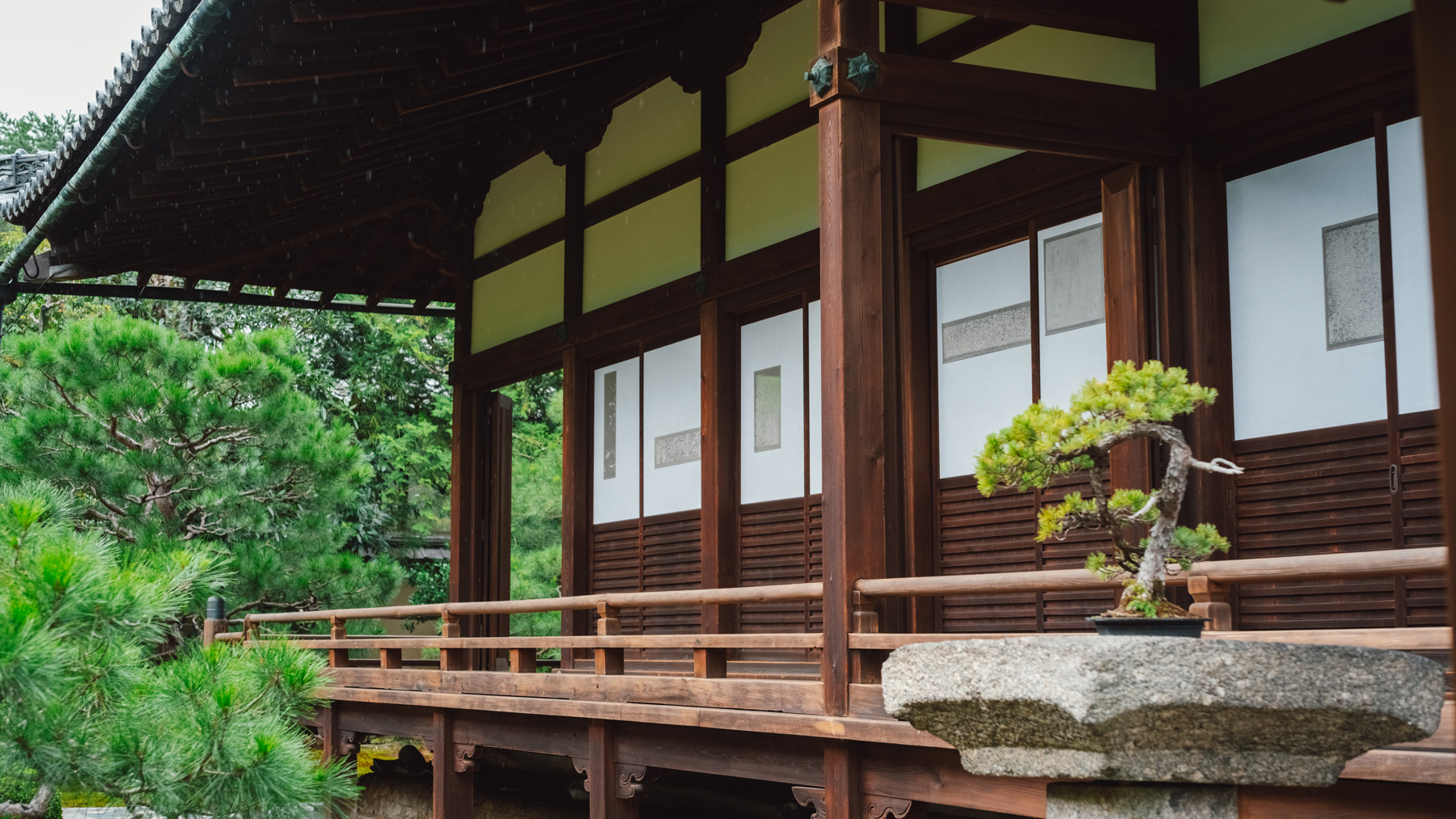 View of open veranda at Ryosokuin Temple, Kyoto Japan.