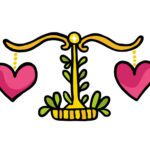Illustration of two hearts balanced on a scale.