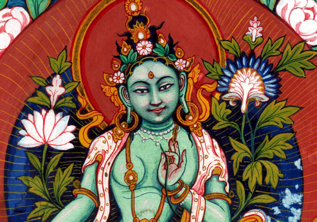 Painting of Buddhist goddess Green Tara by Prithvi Man Chitrakari.
